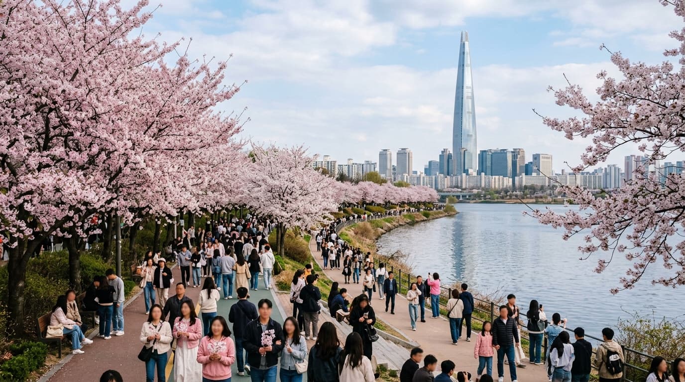 Seoul Han River park with cherry blossoms in full bloom and city skyline