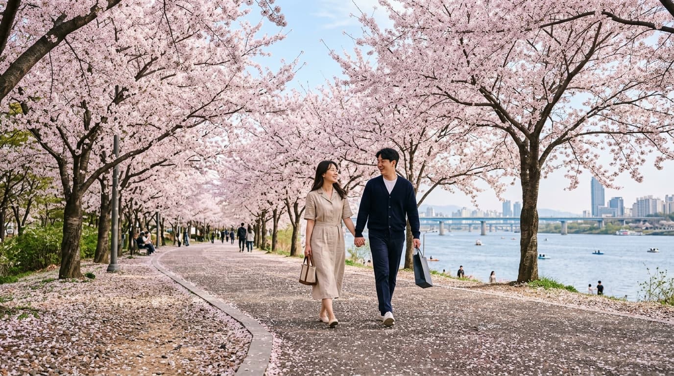 Couple walking under late cherry blossoms at Yeouido Hangang Park, Seoul