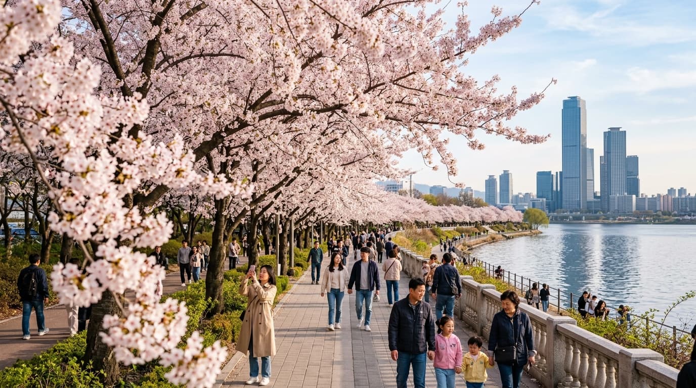 Cherry blossoms in full bloom along a riverside path in Seoul with people enjoying the view