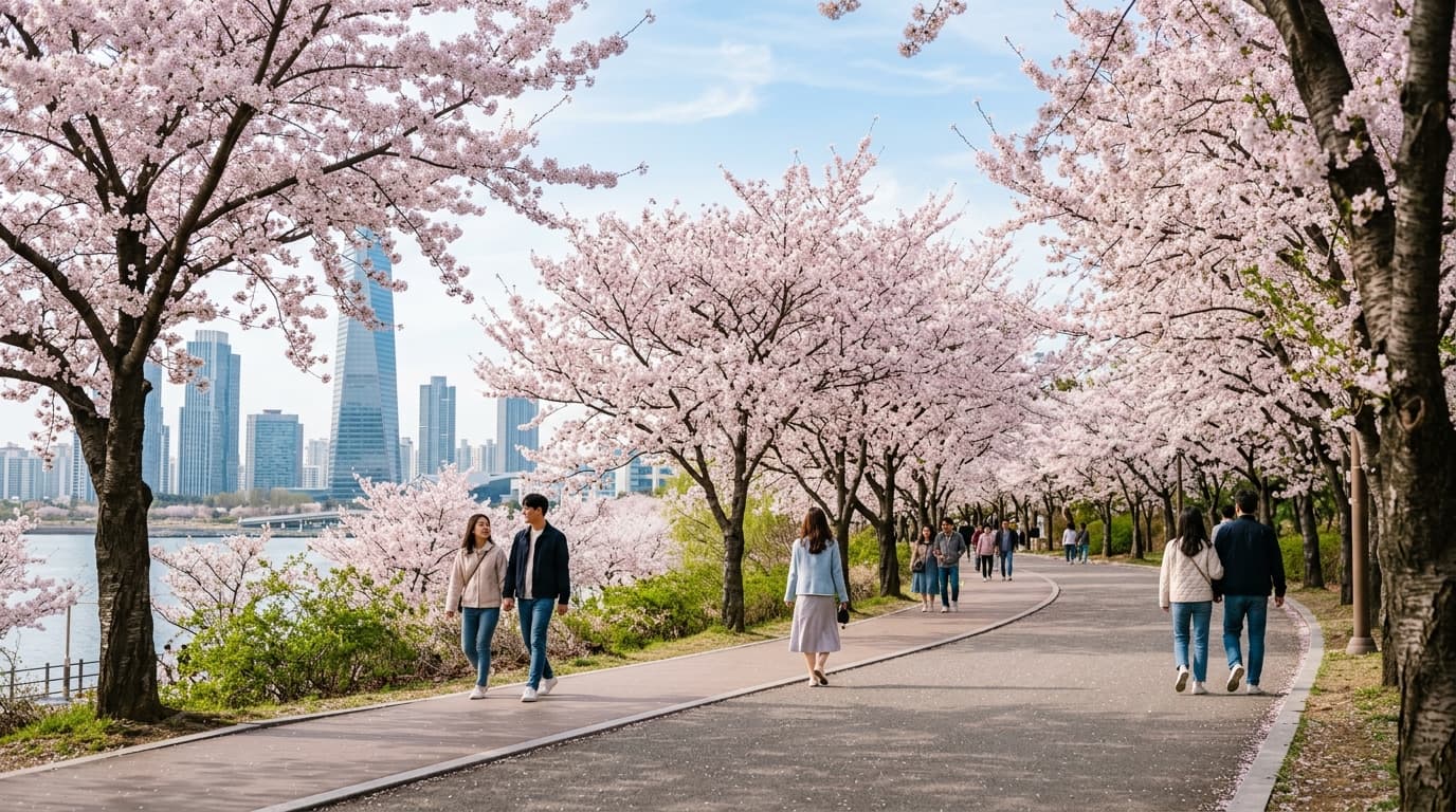 Cherry blossoms in full bloom along a path in Incheon, Korea, with people strolling under the trees