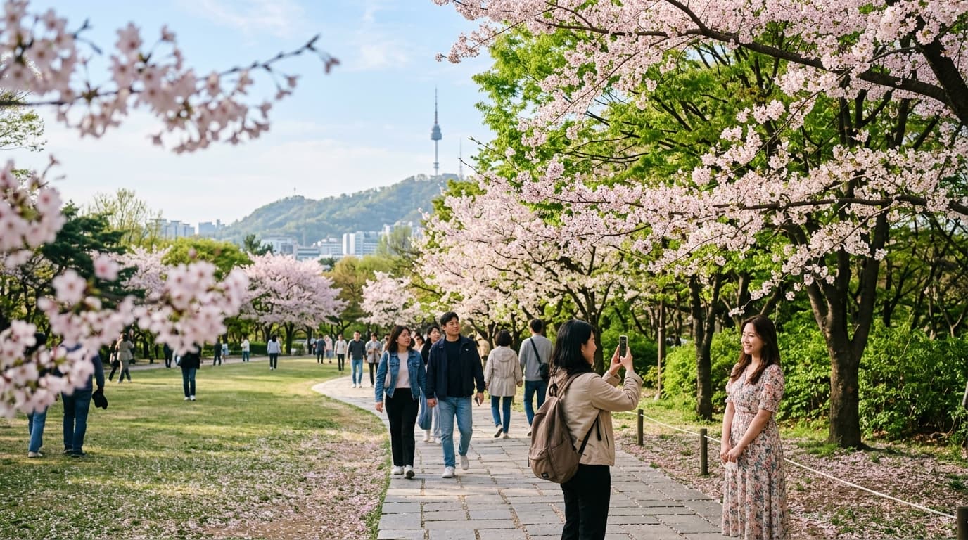 Tourists walking under late-blooming cherry blossoms in a Seoul park in May with Namsan Tower in the background