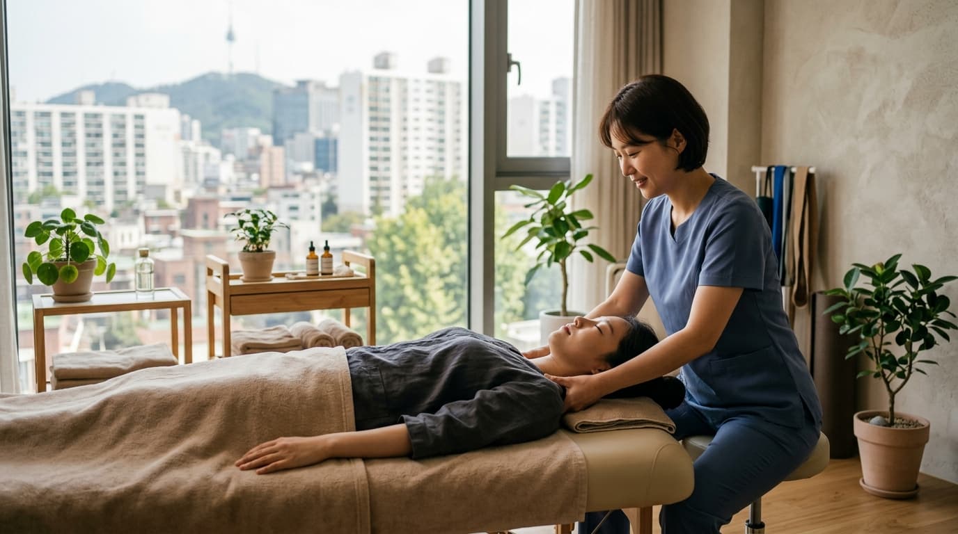 A patient receiving Chuna therapy from a practitioner in a bright, modern Seoul clinic