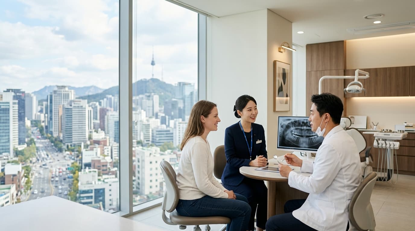 A foreign visitor receives a dental implant consultation with an English interpreter in a modern Seoul clinic