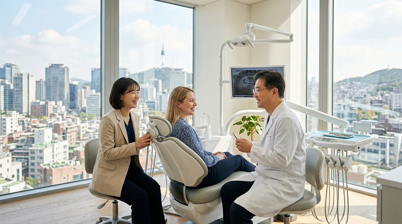 A modern Seoul dental clinic with an interpreter assisting a foreign visitor