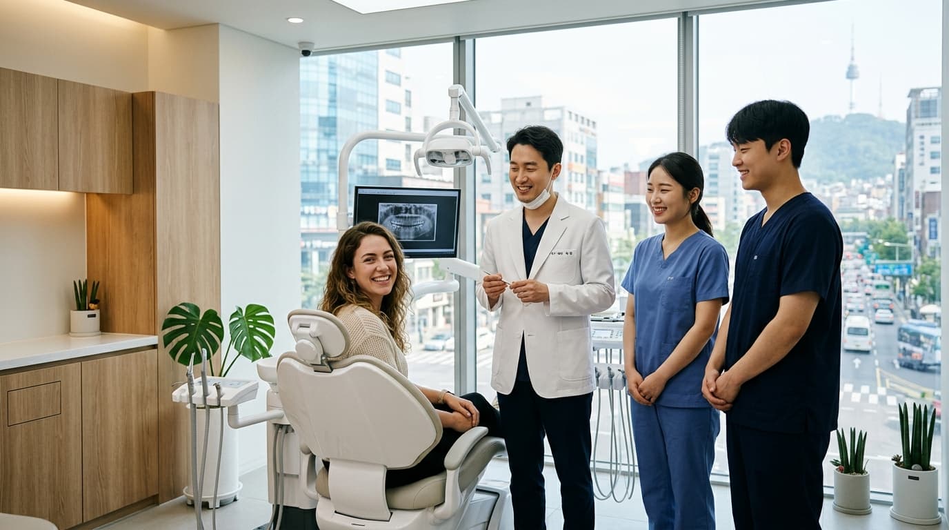 Modern Seoul dental clinic with an international patient and dental team in a bright, city-view setting