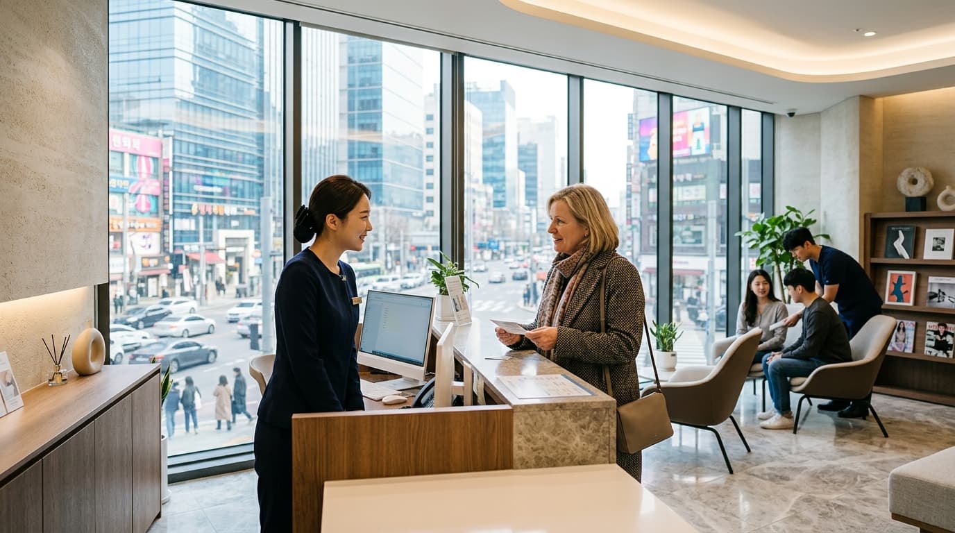 Modern dental clinic reception in Gangnam, Seoul with international visitors