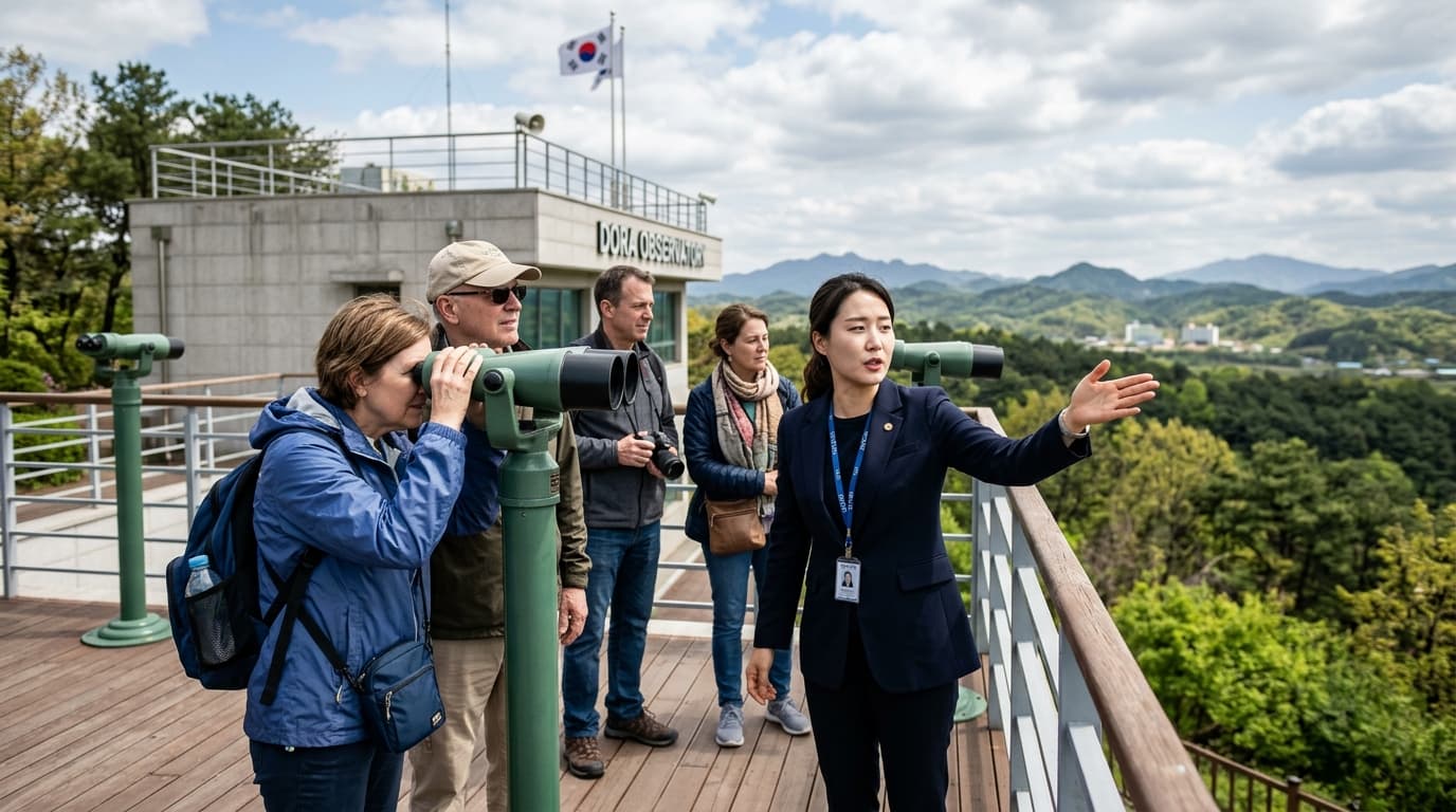 Tourists with an English-speaking guide at the DMZ Dora Observatory near Seoul