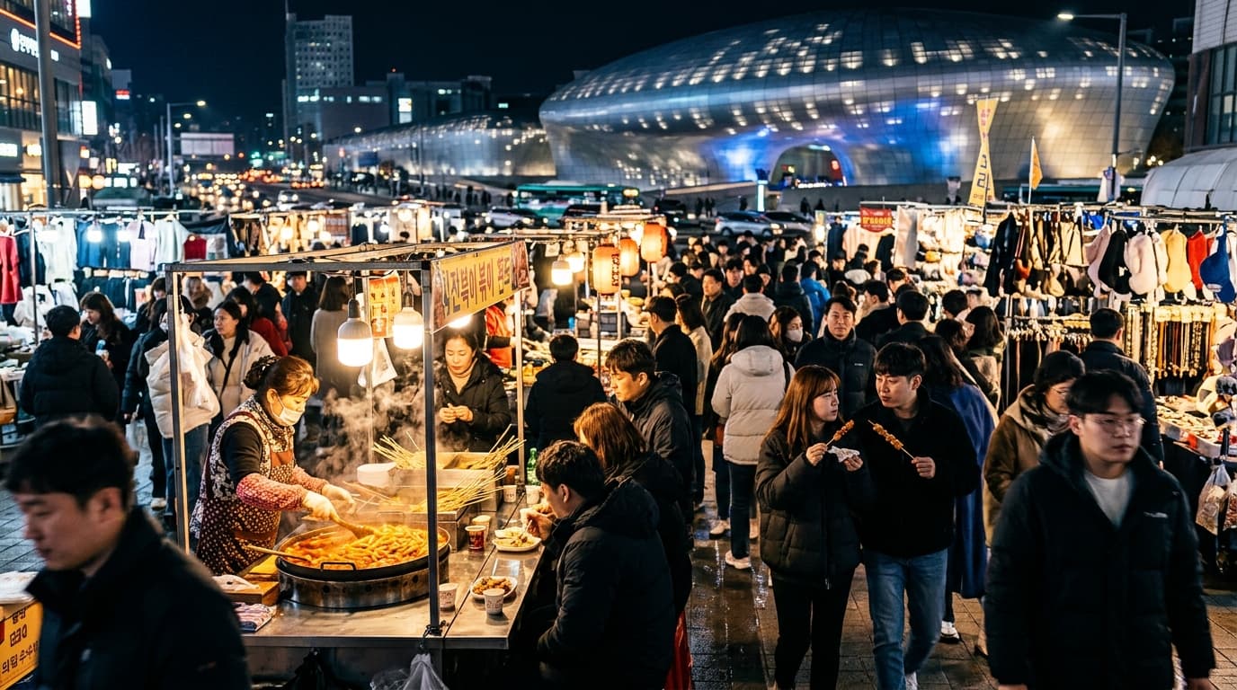 Dongdaemun Market at night with shoppers, street food stalls, and DDP in Seoul