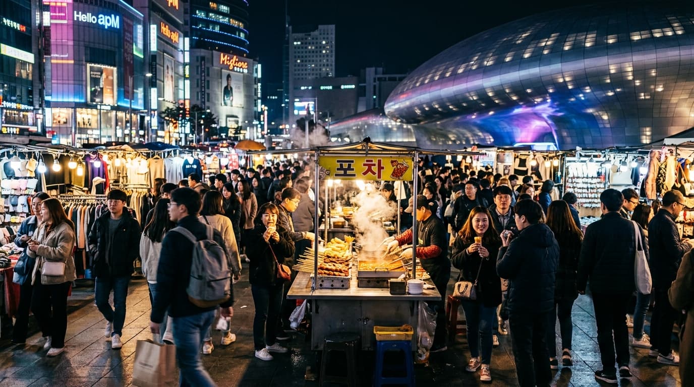 Dongdaemun Night Market at night with neon lights, busy food stalls, and shoppers in Seoul