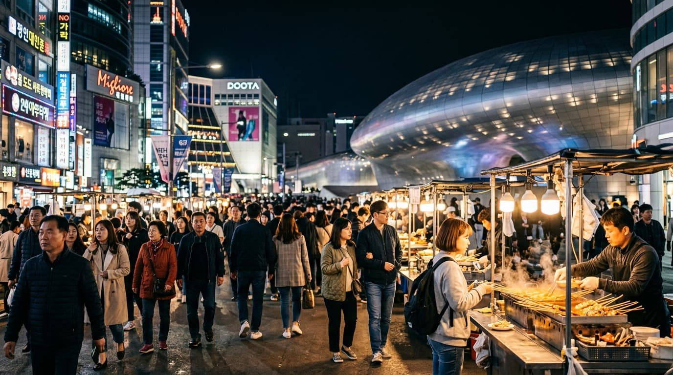 Dongdaemun night market in Seoul glowing with neon lights and bustling crowds at night