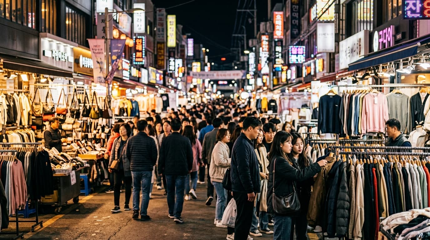 Shoppers browsing clothes racks at Dongdaemun night market in Seoul with neon lights