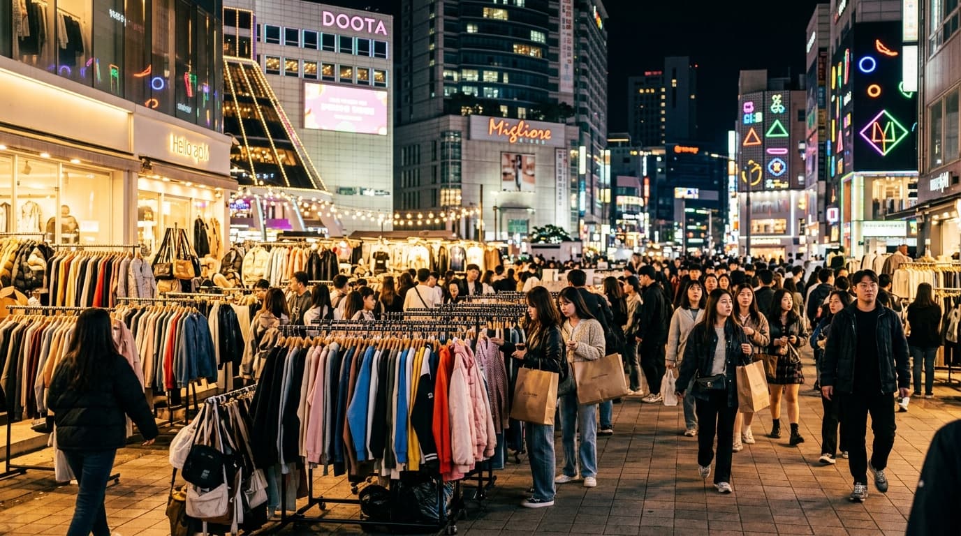 Shoppers browsing outside Dongdaemun fashion malls at night in Seoul