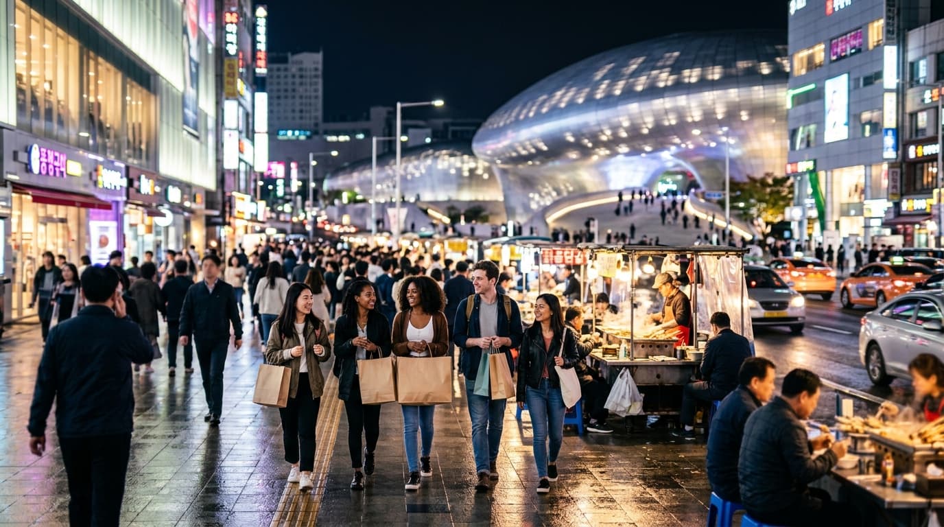 Dongdaemun shopping district at night with glowing malls, busy crowds, and street food stalls in Seoul