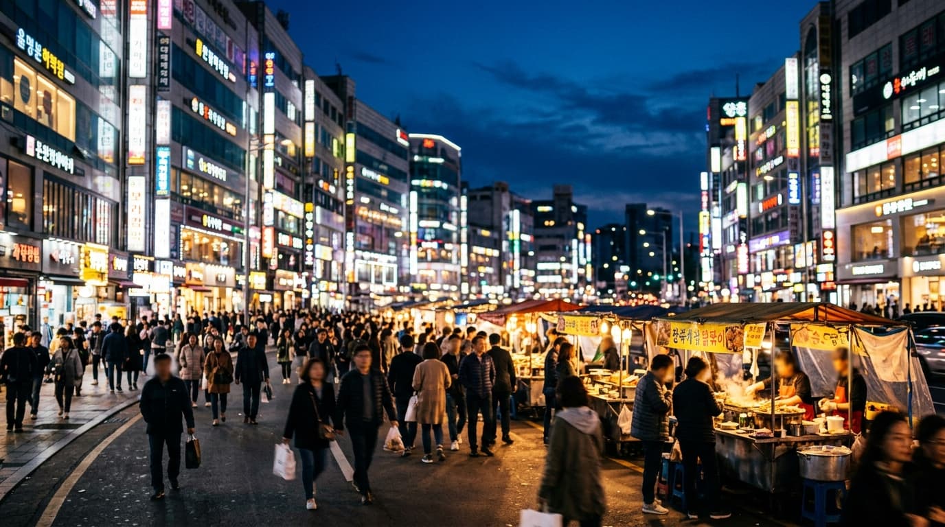 Dongdaemun shopping district glowing with neon lights and late-night shoppers in Seoul