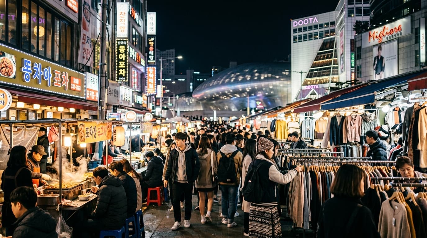 Dongdaemun night market in Seoul bustling with shoppers and neon-lit malls