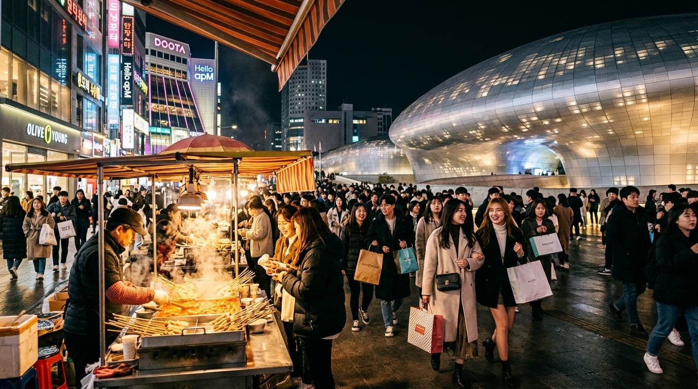 Shoppers at night outside Dongdaemun’s brightly lit malls in Seoul, with street food stalls and neon lights