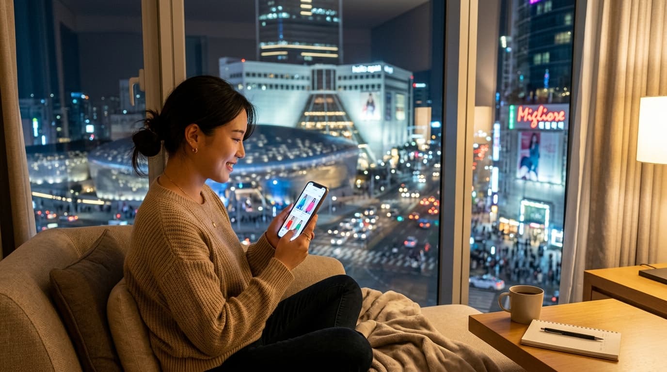 Traveler shopping Dongdaemun night market online with Seoul night view in background
