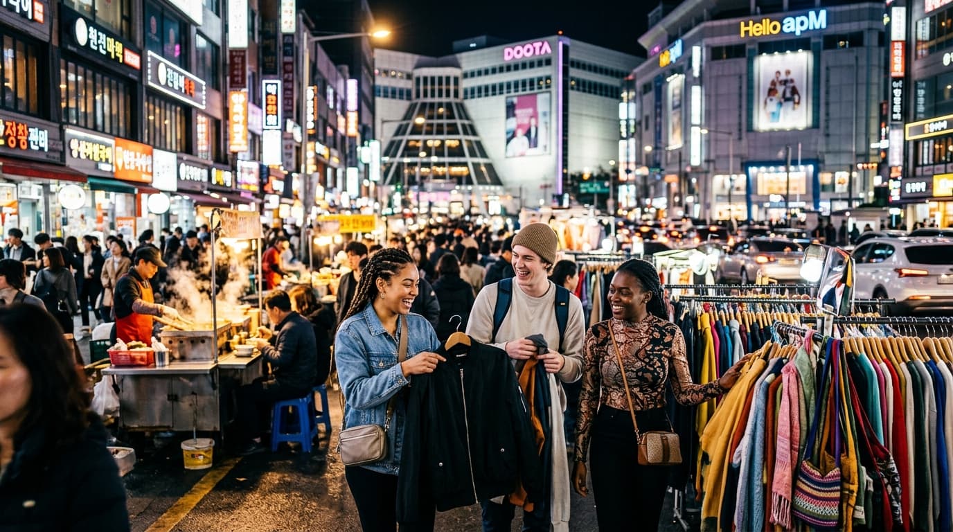Tourists shopping at Dongdaemun's neon-lit fashion malls and street stalls in Seoul at night