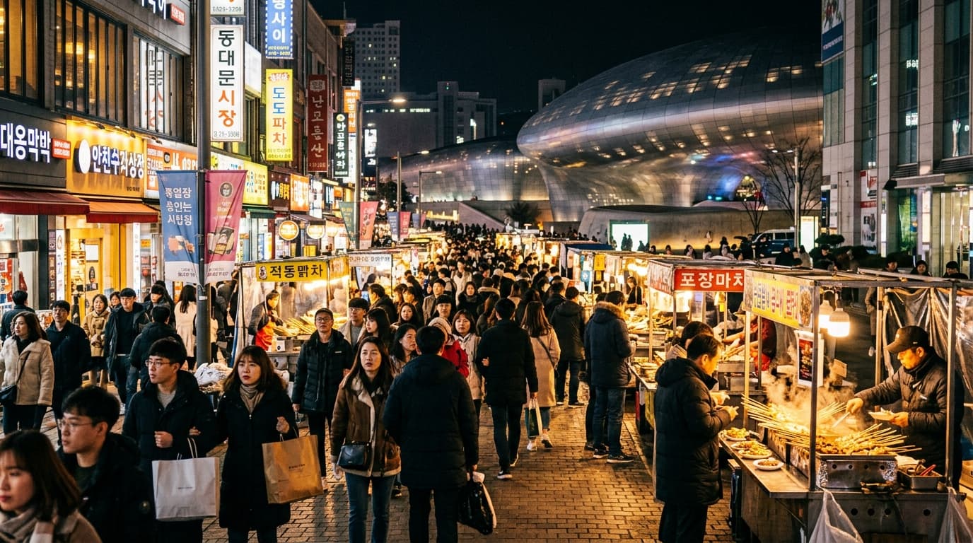 Dongdaemun Shopping Street at night with crowds, fashion stores, and street food in Seoul