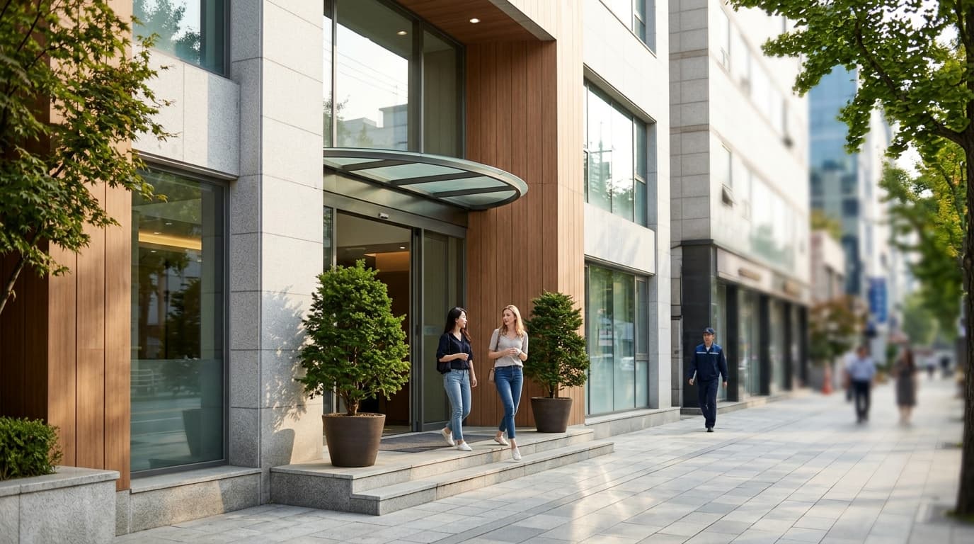 Modern Seoul plastic surgery clinic exterior in bright daylight, inviting and professional