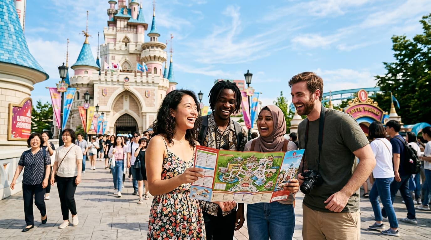 Tourists with a Lotte World map in front of the Lotte World castle in Seoul