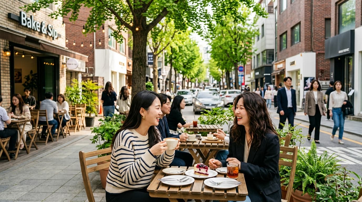 Garosu-gil street with cafes, diners, and stylish people enjoying food in Seoul