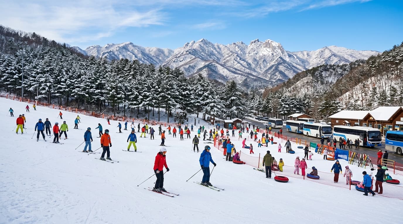 Tourists skiing and snowboarding at Elysian Gangchon Ski Resort near Seoul