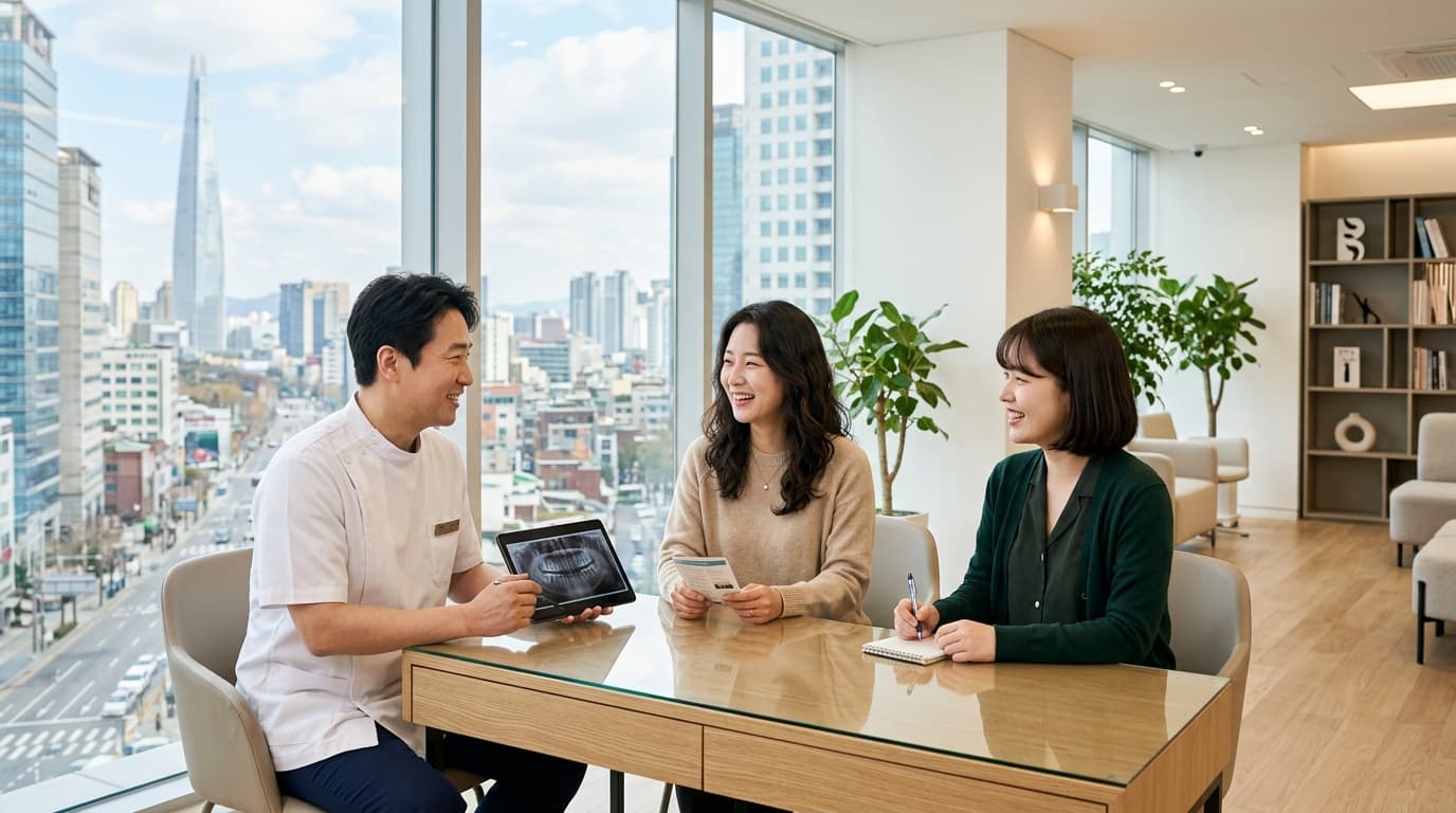A patient with an English interpreter at a modern dental clinic in Gangnam, Seoul