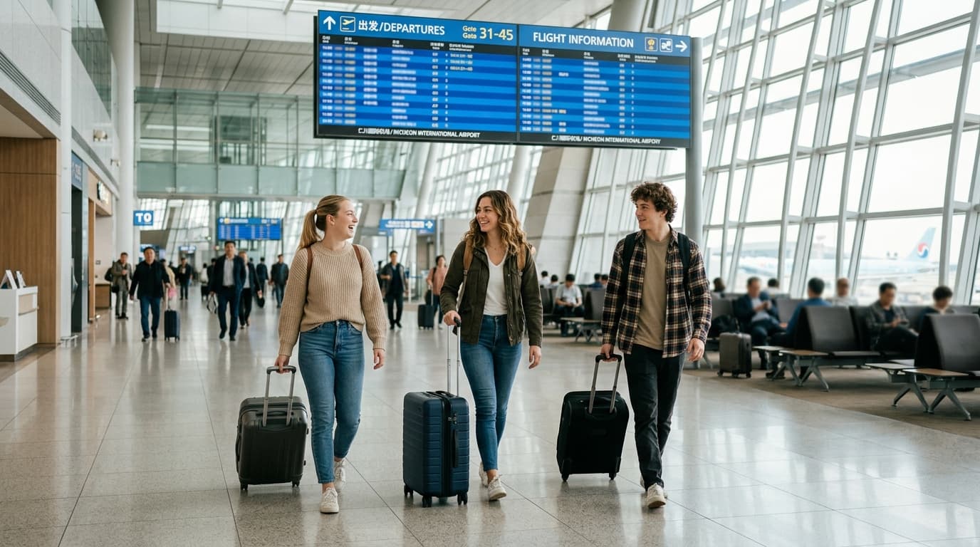 American tourists arriving at Incheon Airport with suitcases, modern terminal in background