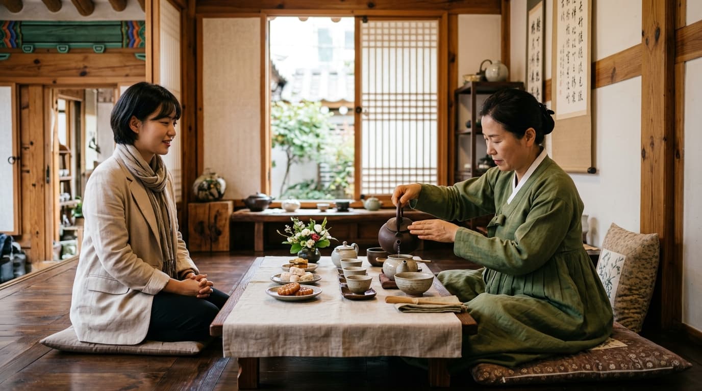 Traditional Korean tea ceremony in a Seoul hanok tea house with a tea master and interpreter