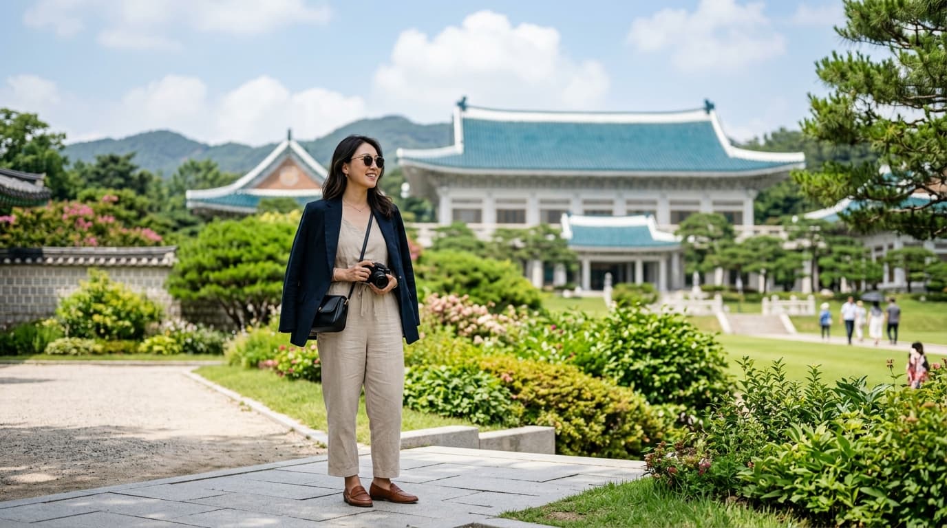 Traveler in front of the Blue House (Cheong Wa Dae) in Seoul with gardens and the historic building.