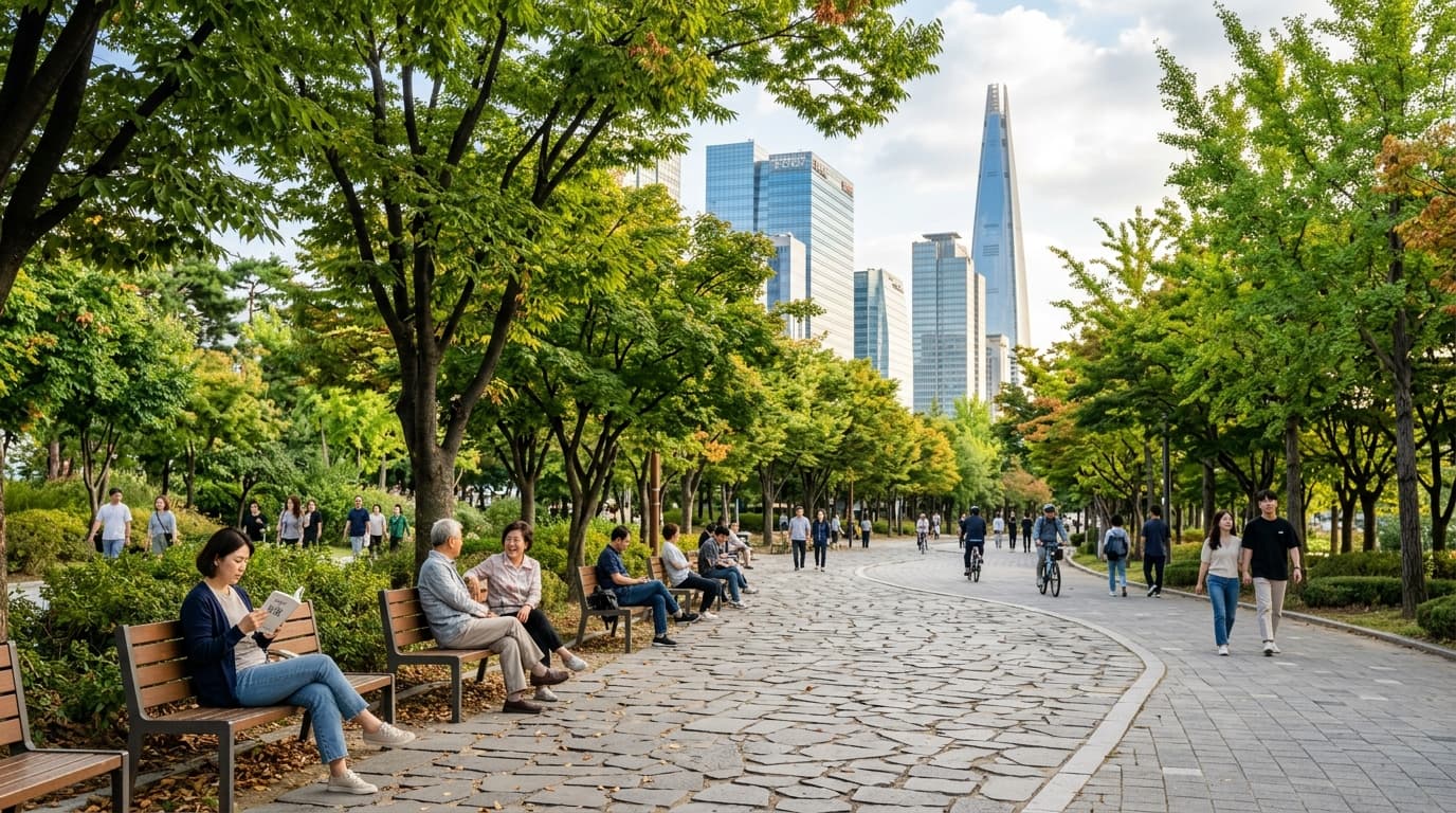 People enjoying a sunny day at Gangnam Park with the Seoul skyline in the background
