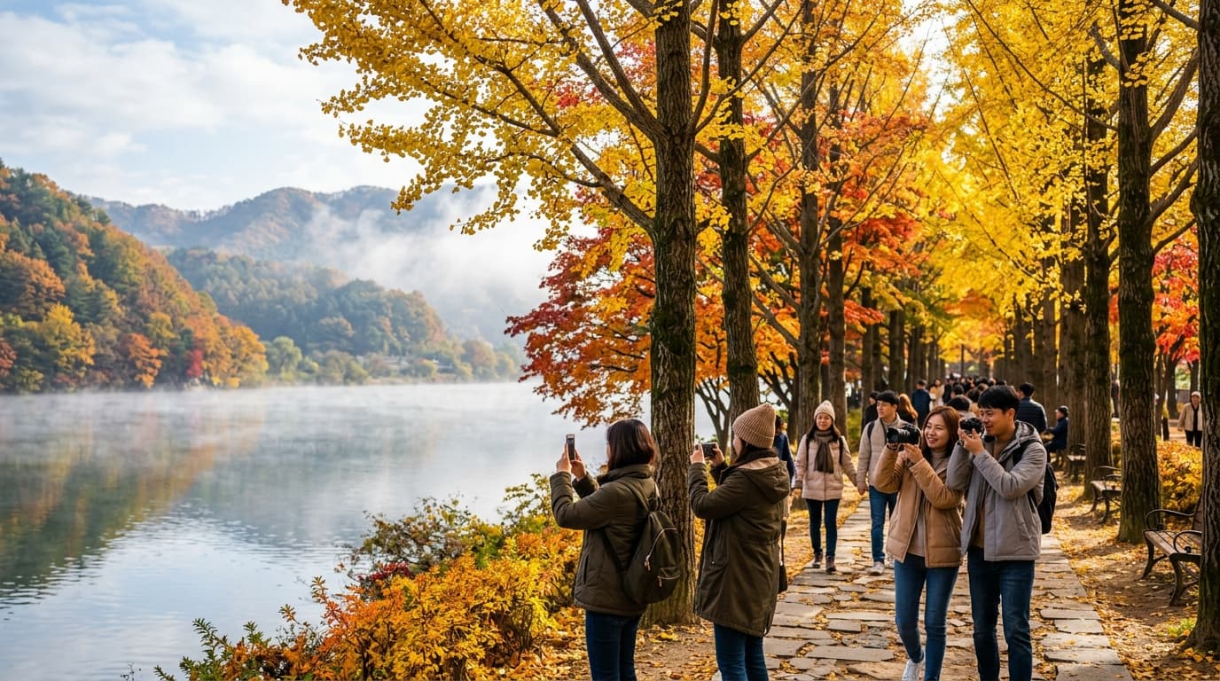 Travelers enjoying vivid autumn foliage along a path on Nami Island, Korea