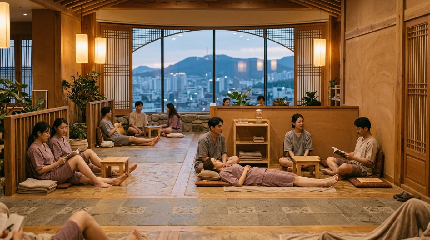 Tourists relaxing in a modern jjimjilbang sauna lounge in Seoul, wearing spa clothes