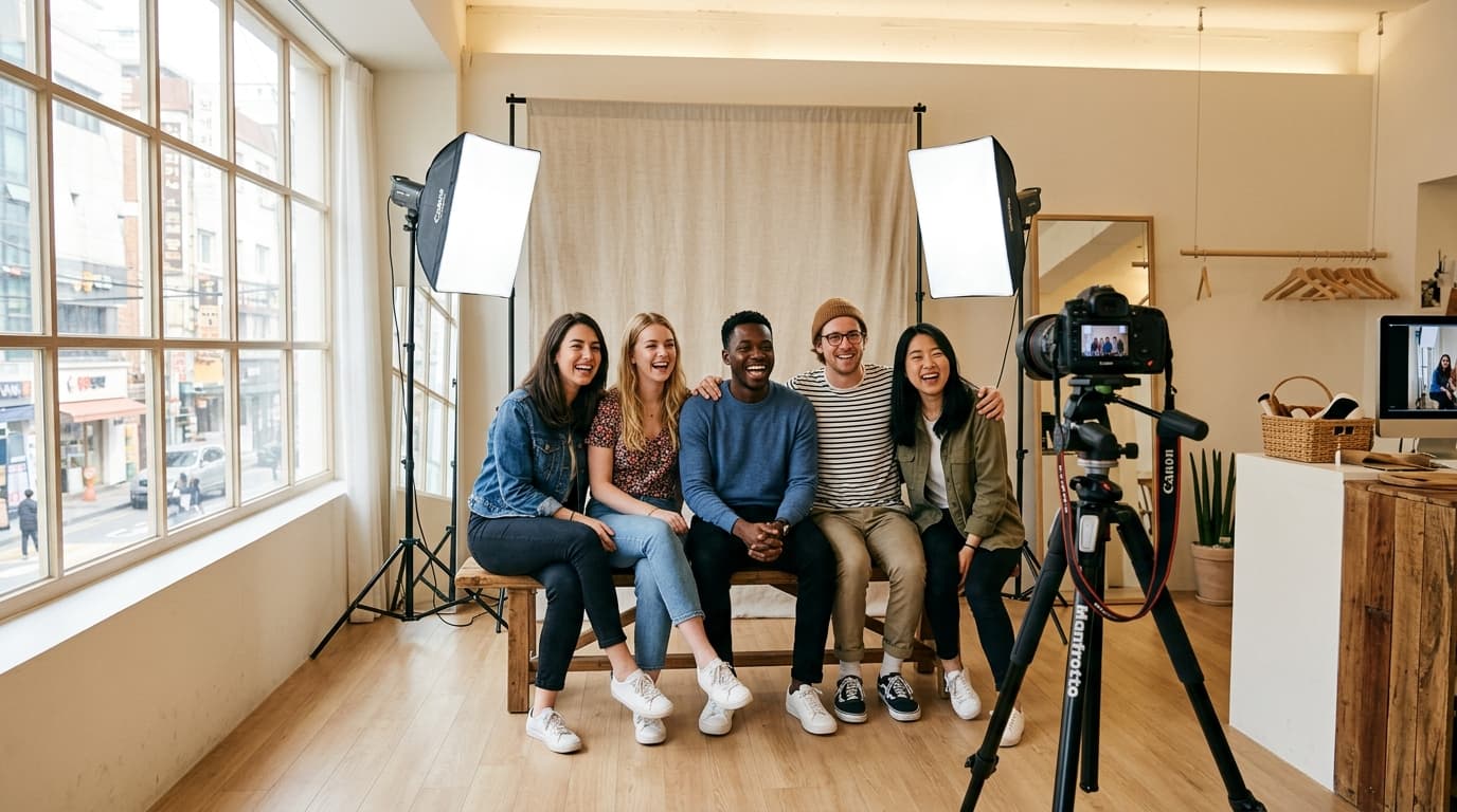 Young travelers taking photos in a Korean self photo studio in Seoul