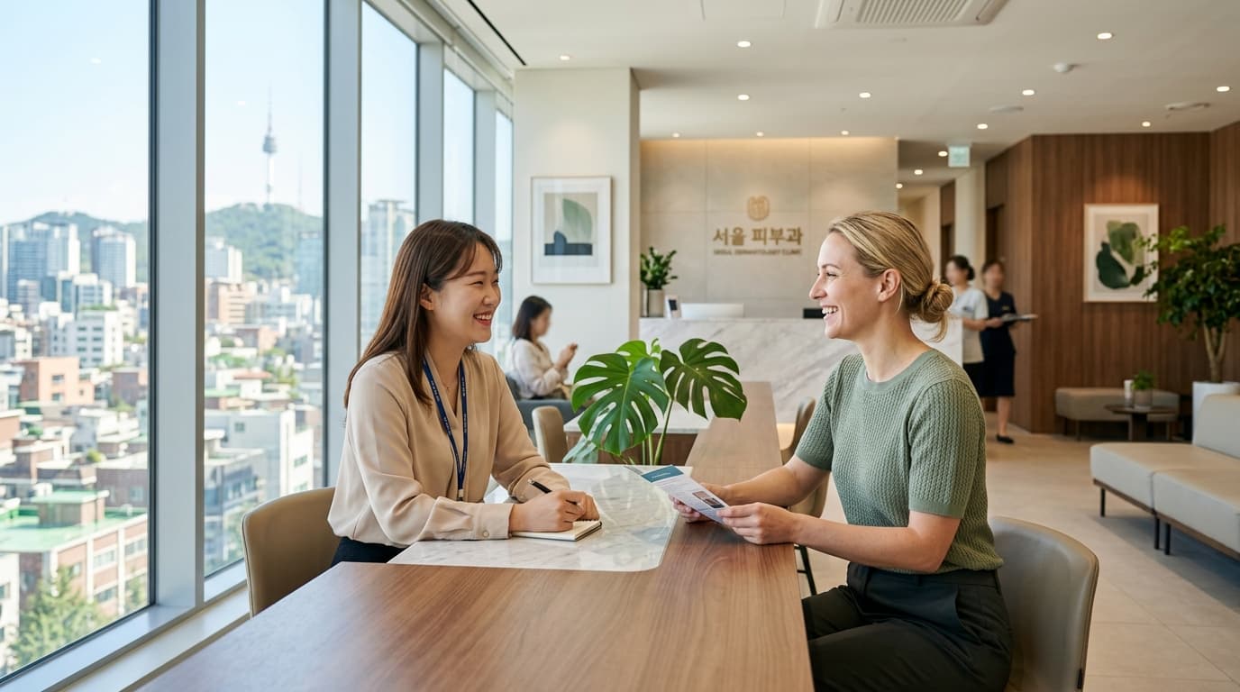 English speaking interpreter assisting a foreign patient at a Seoul dermatology clinic