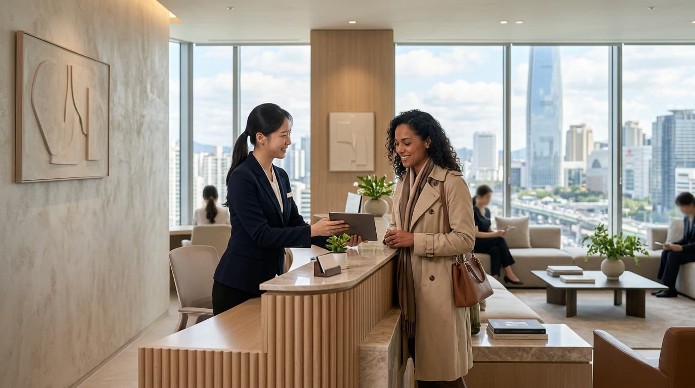 A welcoming Korean clinic reception in Gangnam with an English-speaking interpreter assisting a foreign visitor