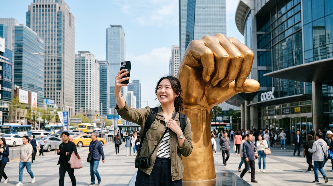A traveler taking a selfie at the Gangnam Style statue near COEX Mall in Seoul