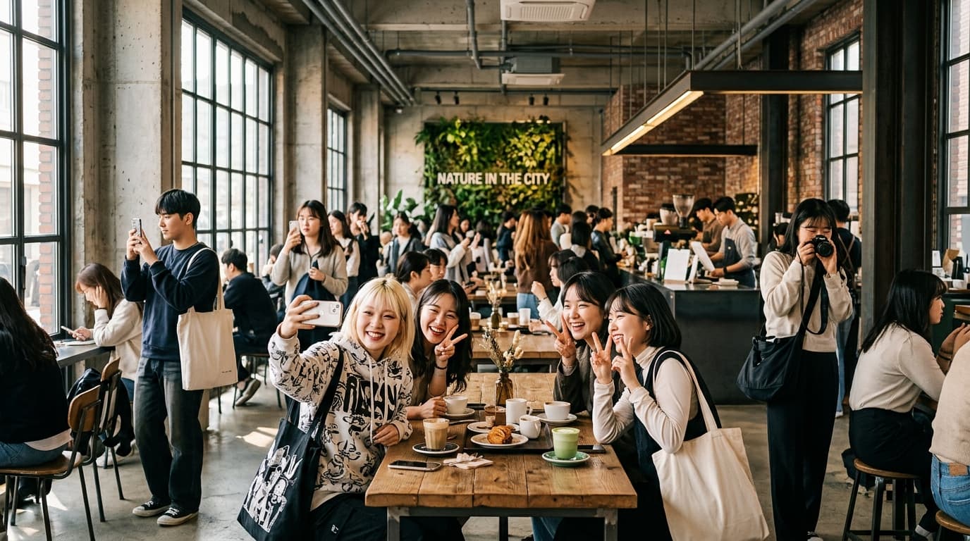 Trendy Seoul cafe in Seongsu with young K-pop fans taking photos inside
