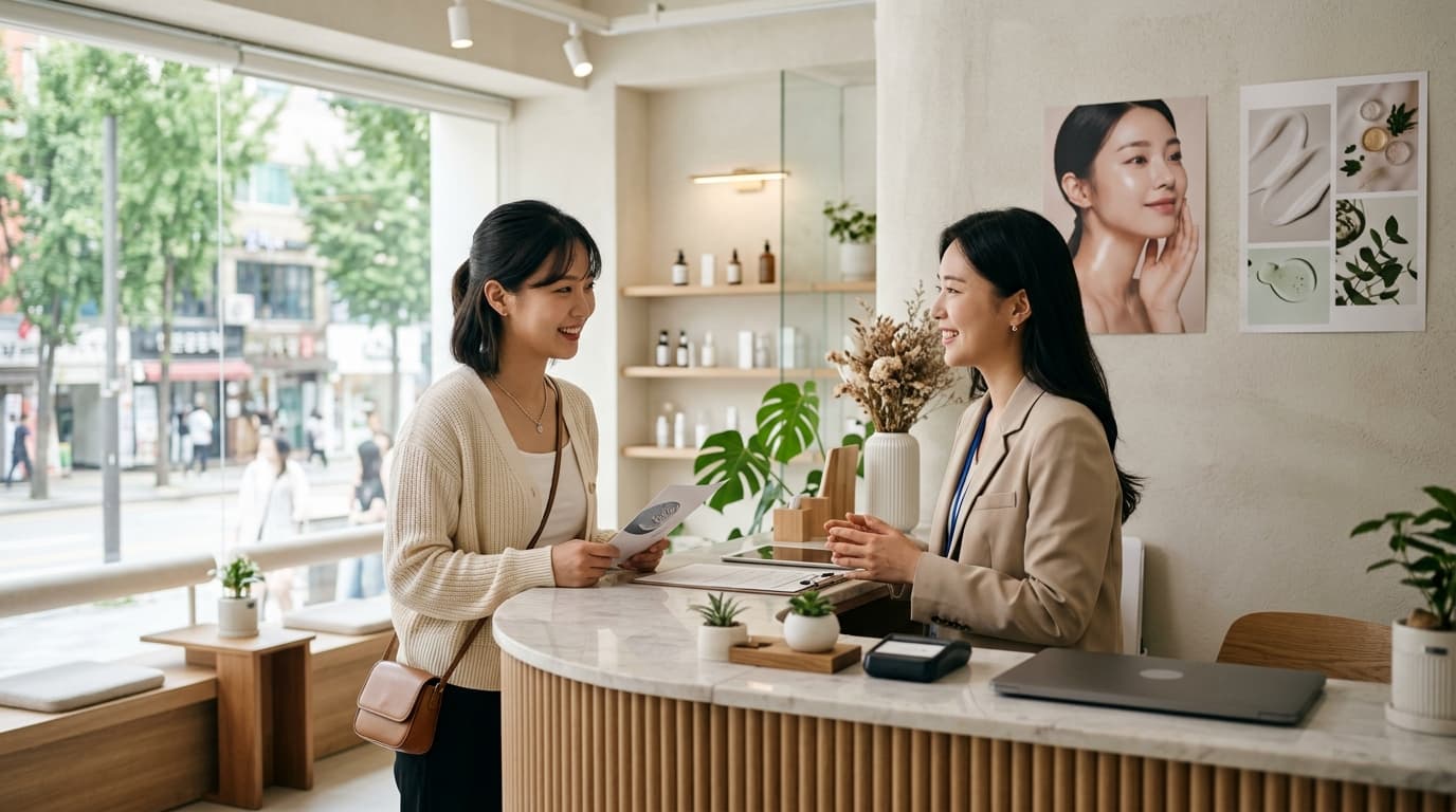 A young tourist with an interpreter at a modern skin clinic reception in Hongdae, Seoul