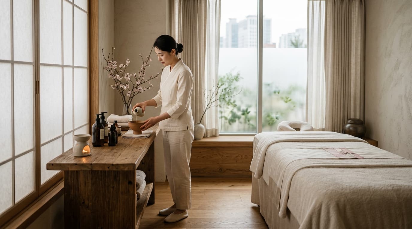 A peaceful Korean spa massage room in Seoul with a massage bed, gentle lighting, and relaxing decor