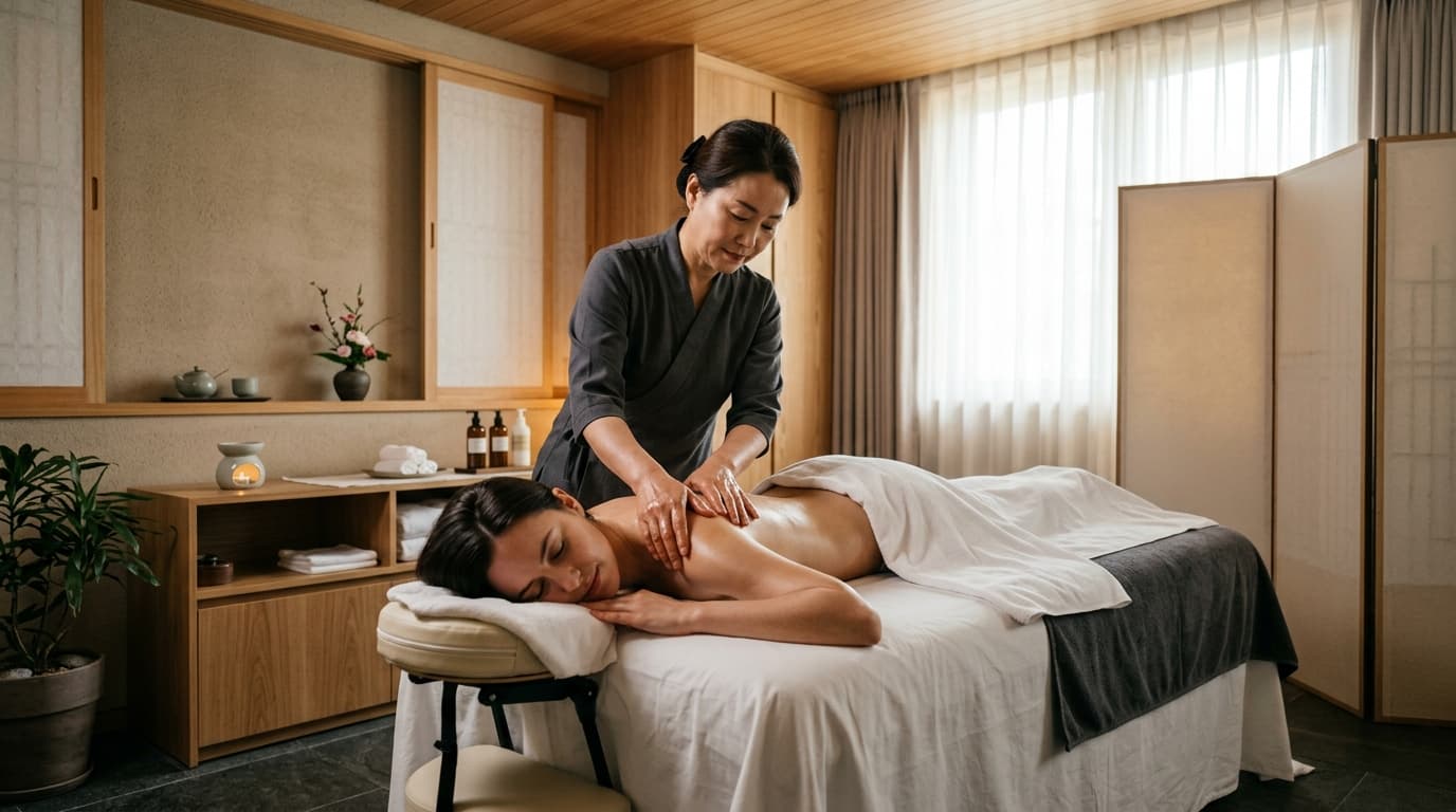 A tourist receives a full body massage in a modern Seoul spa with Korean design elements
