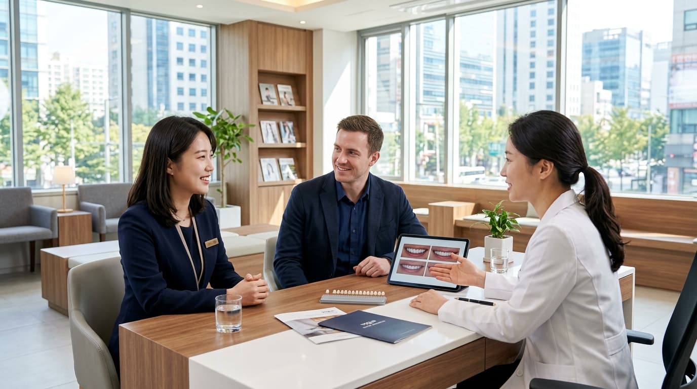 A modern Seoul dental clinic with a patient and English interpreter at consultation.