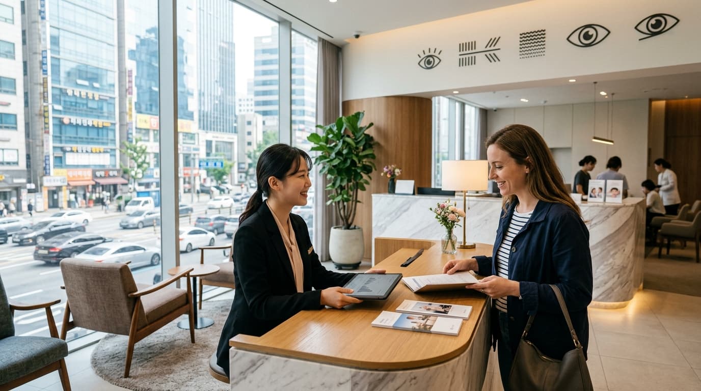 A modern Gangnam eye clinic with an English interpreter assisting a foreign patient in Seoul
