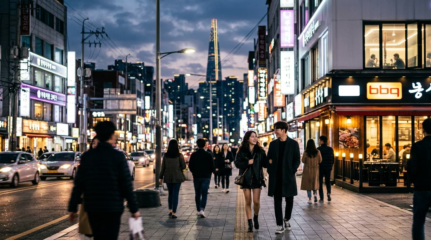 Gangnam street at night with neon lights, people, and nightlife venues