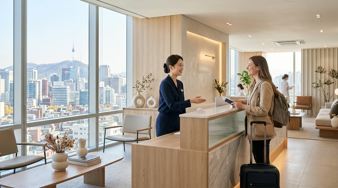 Foreign traveler greeted by English interpreter at a stylish Gangnam skin clinic in Seoul