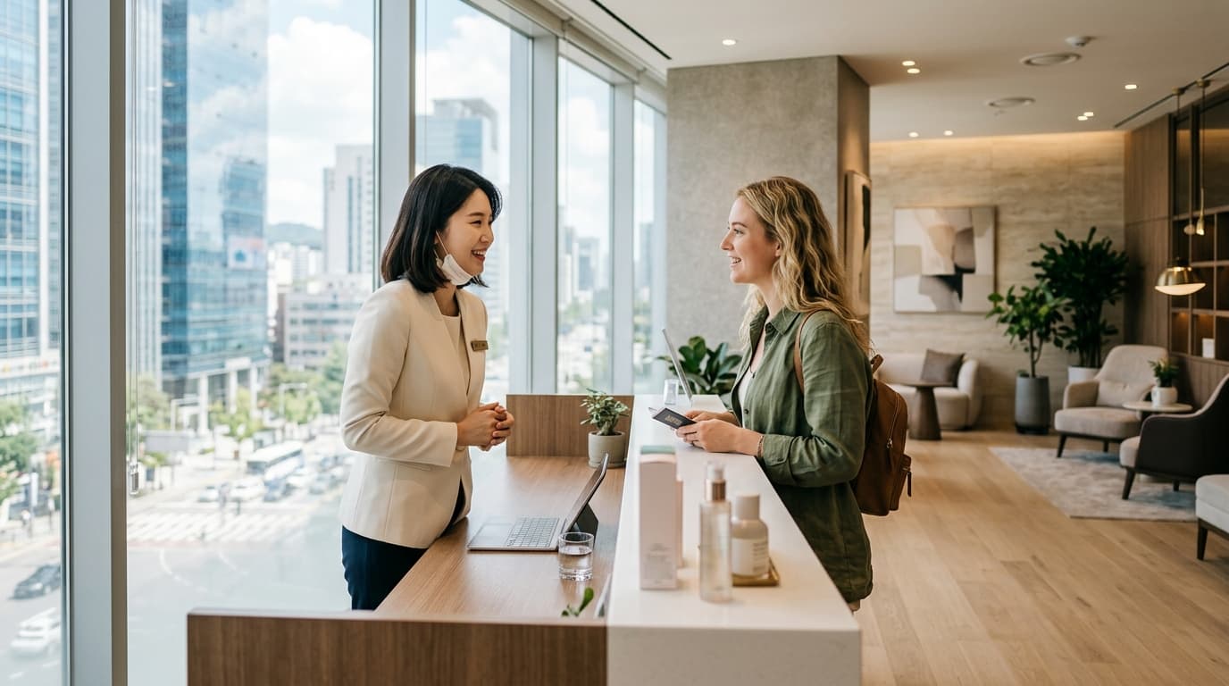 A modern Gangnam clinic reception with an English-speaking interpreter helping a foreign visitor