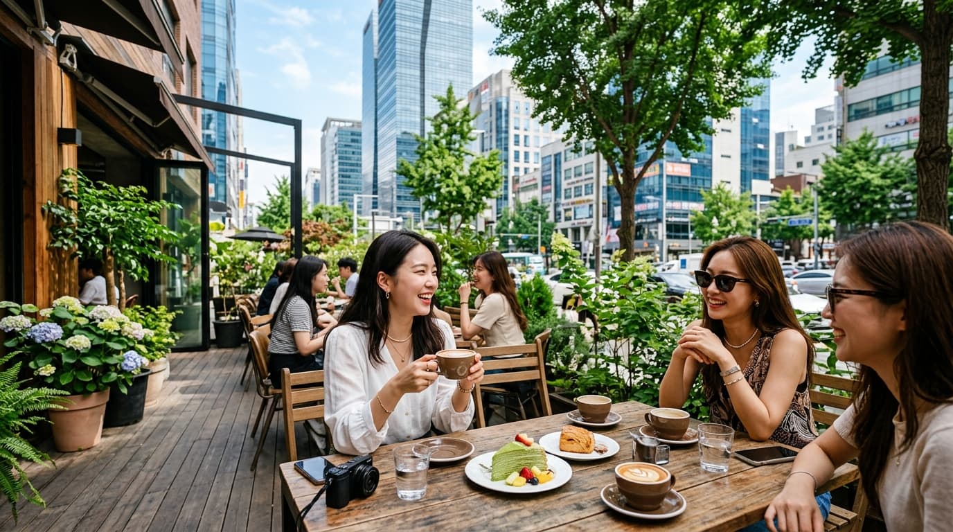 Stylish tourists relaxing at a Garosu-gil café terrace in Gangnam, Seoul
