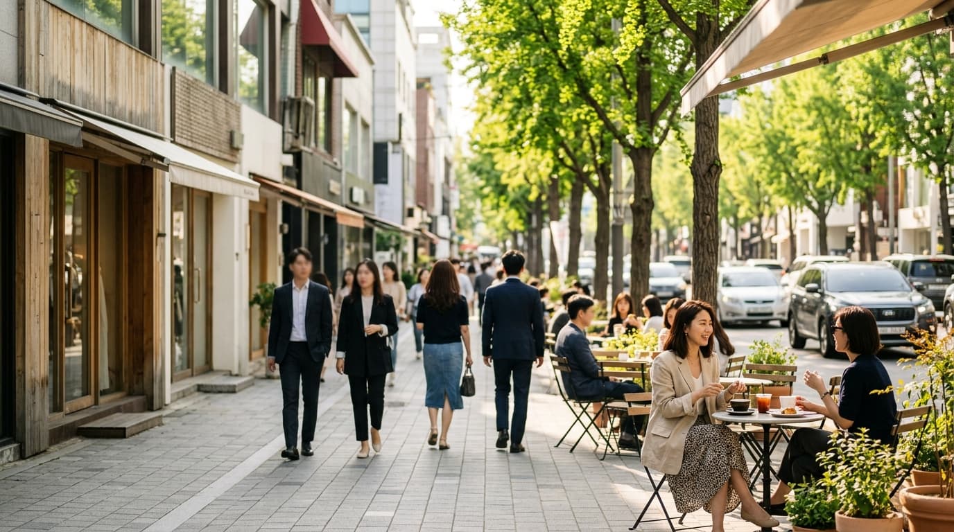 Garosu-gil street in Seoul with green trees, boutiques, and people at café tables