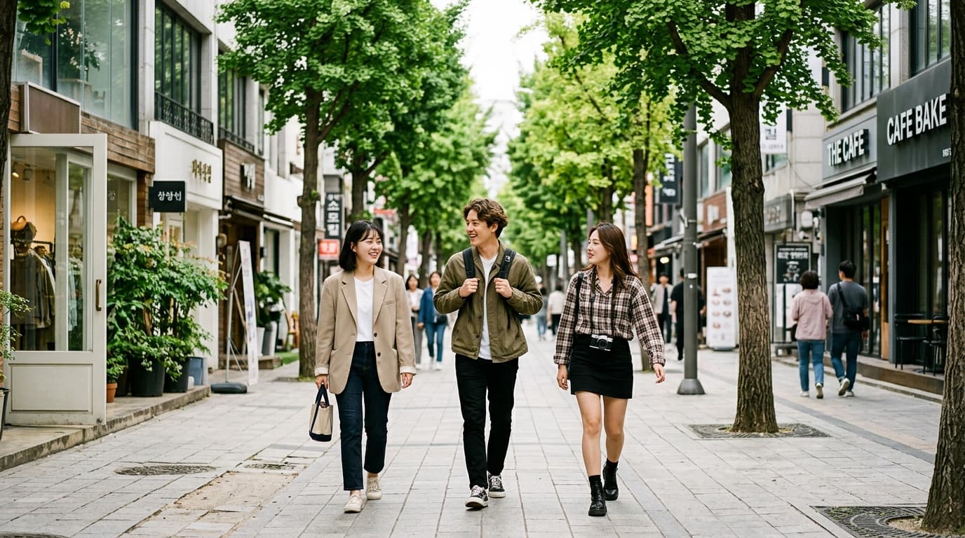 Travelers shopping and walking on Garosu-gil’s tree-lined street in Seoul
